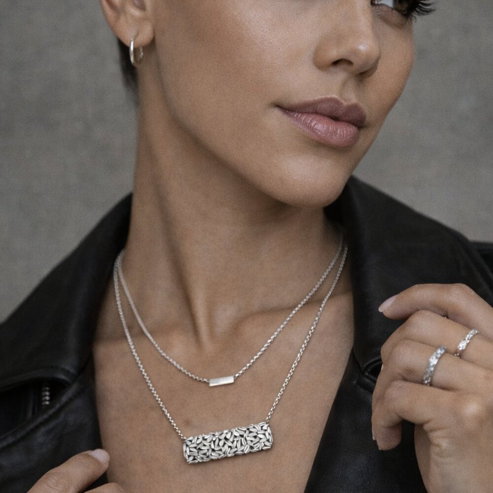 Silver Baguette Cluster Bar Pendant Necklace | CZ Sparkle | Elegant Minimalist - Picture 4 of 10
